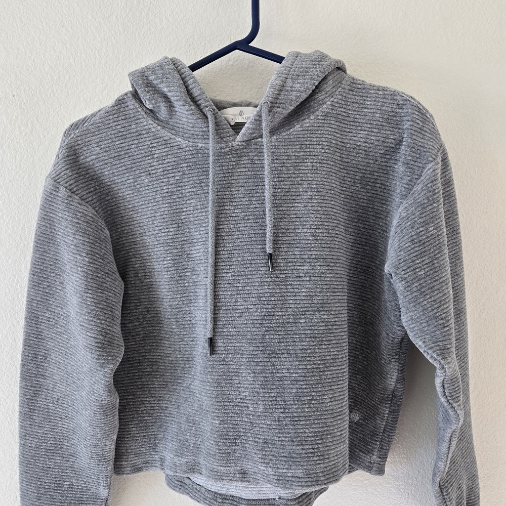 Tavi Noir Semi Cropped Hoodie Womens XS Gray Ribbed Velvet Lounge Athleisure - Picture 5 of 16